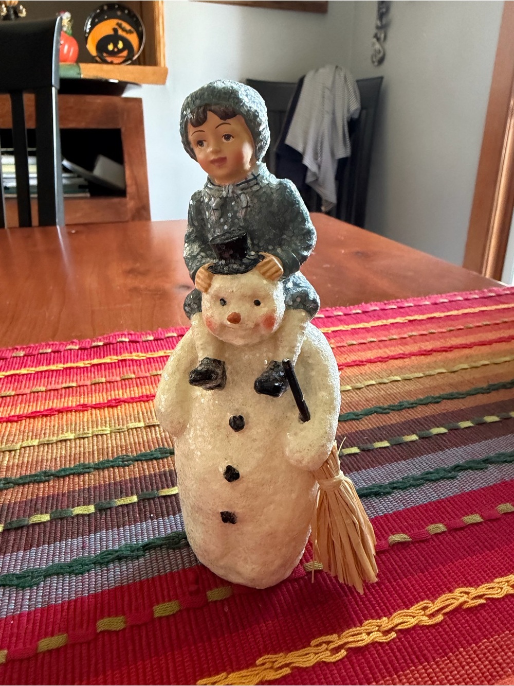 Bethany Lowe Vintage Cream Snowman with Blue-Clad Child Holiday Figurine